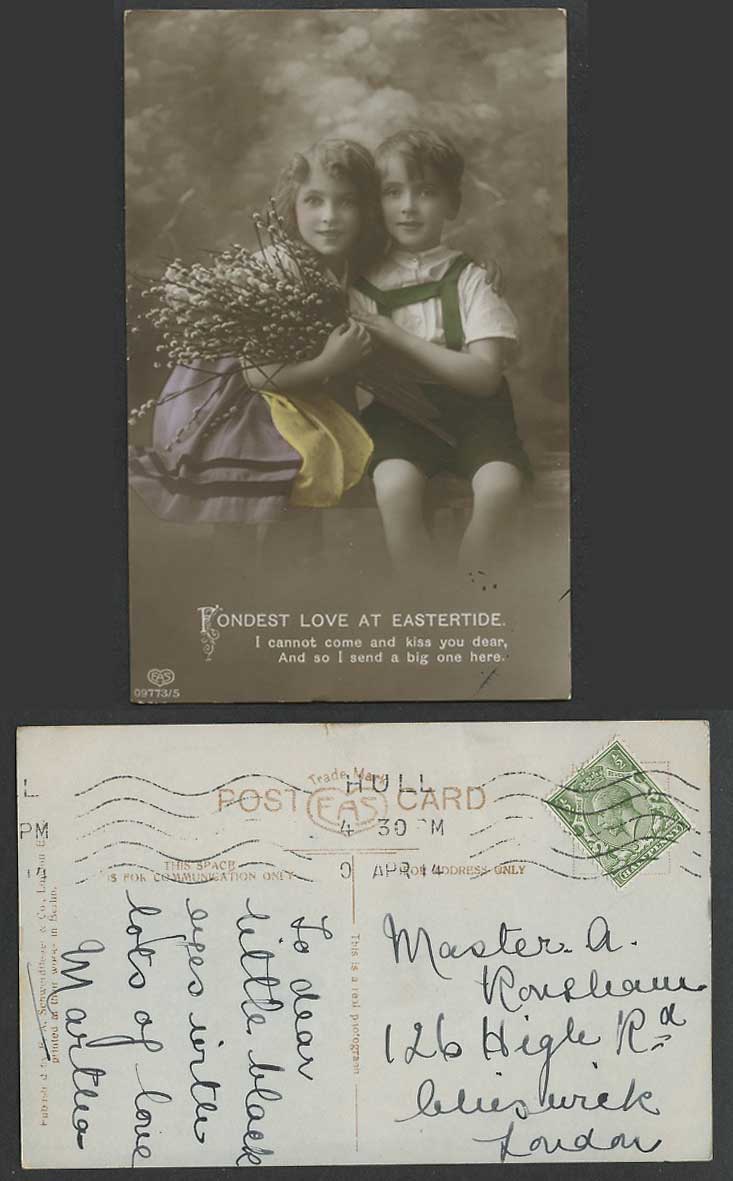 Girl & Boy Flowers Children Fondest Love Eastertide 1914 Old Real Photo Postcard