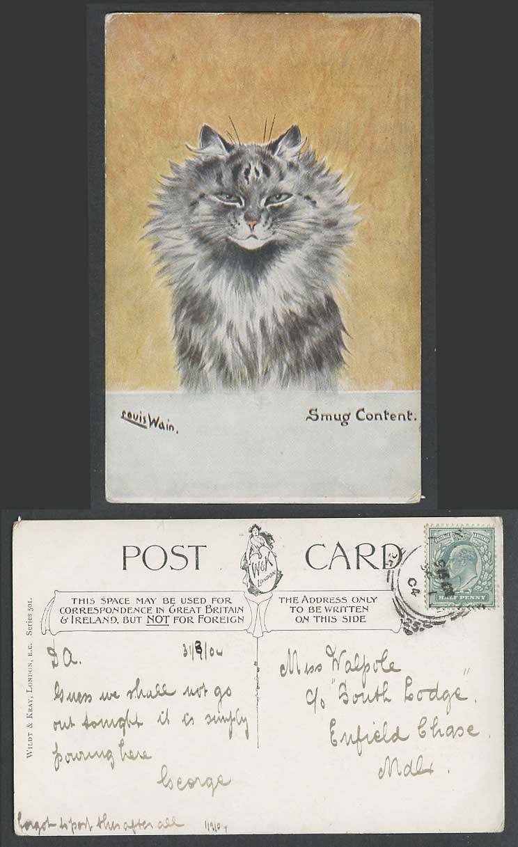 Louis Wain Artist Signed Cat Kitten Smug Content Pussy At Home 1904 Old Postcard