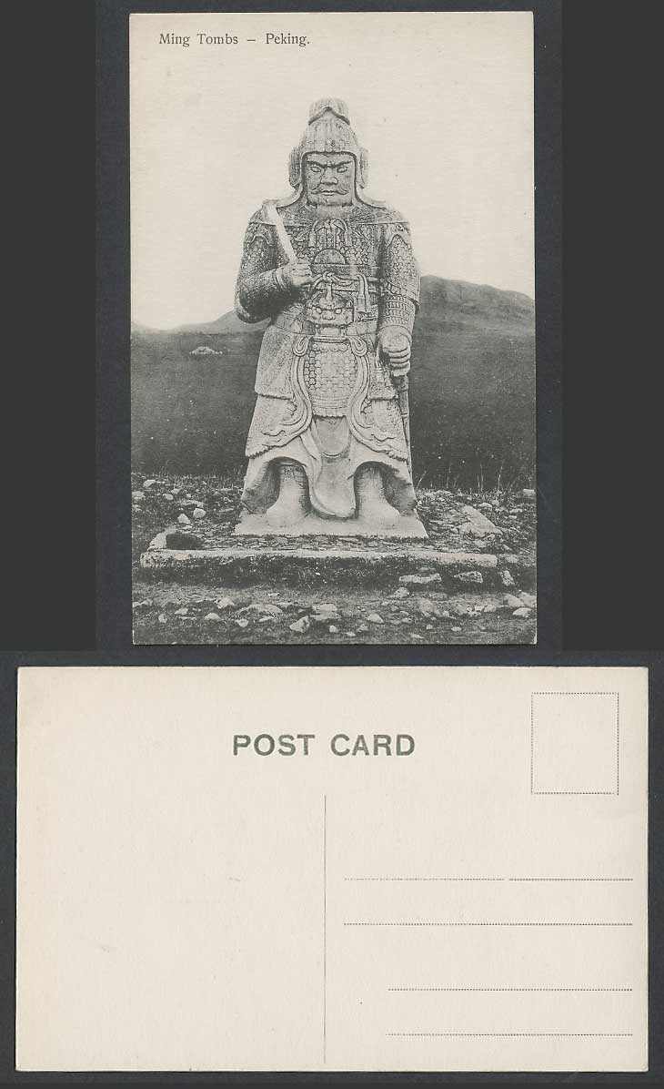 China c.1910 Old Postcard Ming Tombs Peking, Chinese Warrior Statue, Sword Hills