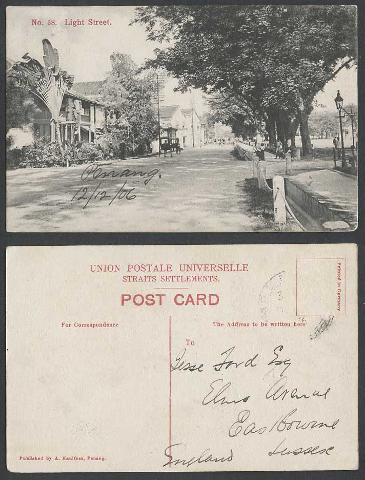 Penang 1906 Old Postcard Light Street Scene Rickshaw Traveller's Palm Tree No.58