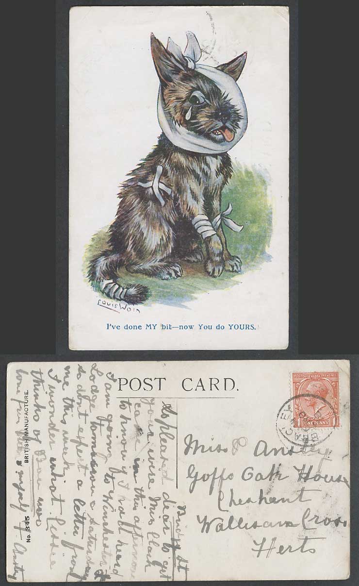 LOUIS WAIN Artist Signed Dog Puppy I've Done My Bit, Now Yours 1918 Old Postcard