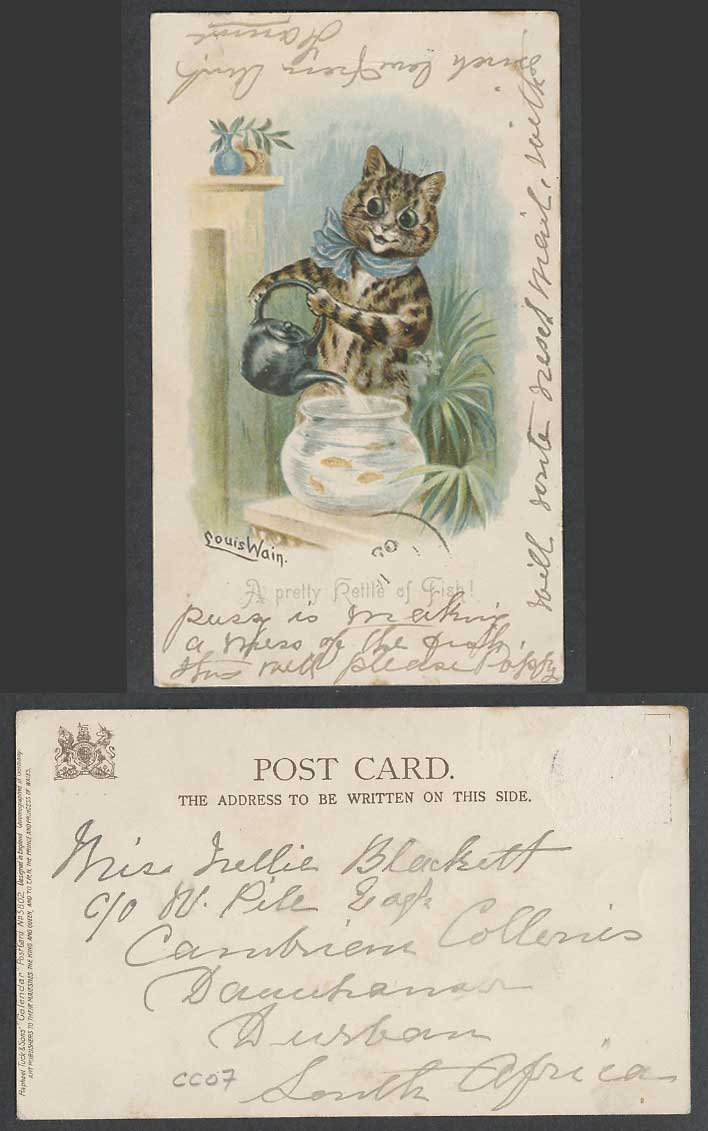 LOUIS WAIN Cat Kitten Pretty Kettle of Fish Fishbowl 1905 Old Tuck's UB Postcard