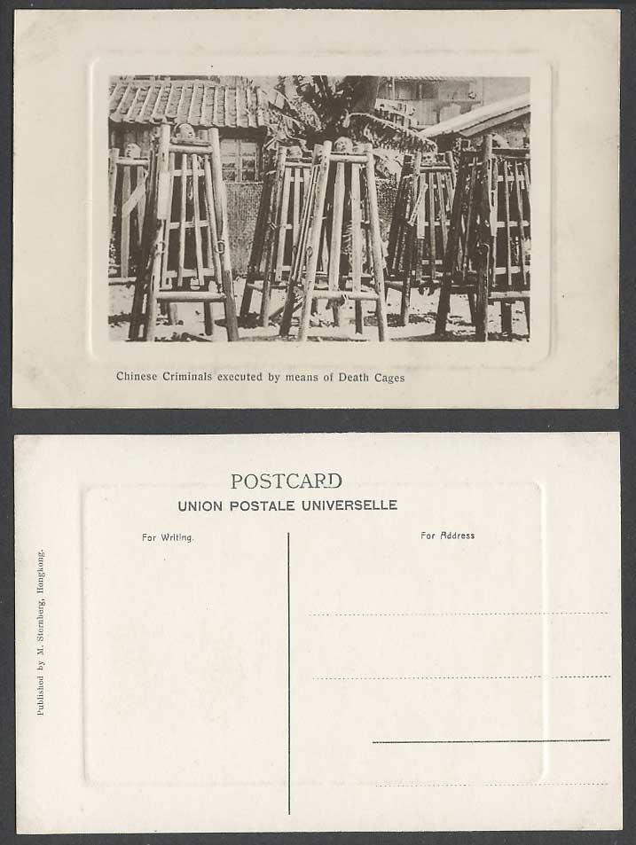 China Hong Kong Old Embossed Postcard Chinese Criminals Executed by Death Cages