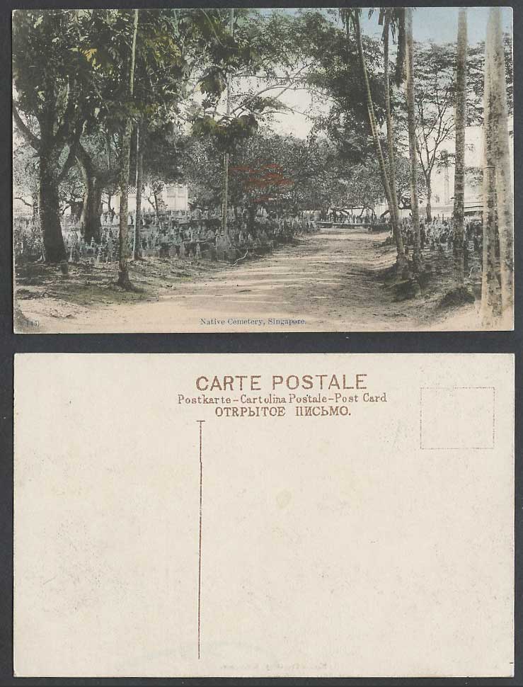Singapore Old Hand Tinted Postcard Native Cemetery & Graves, Straits Settlements