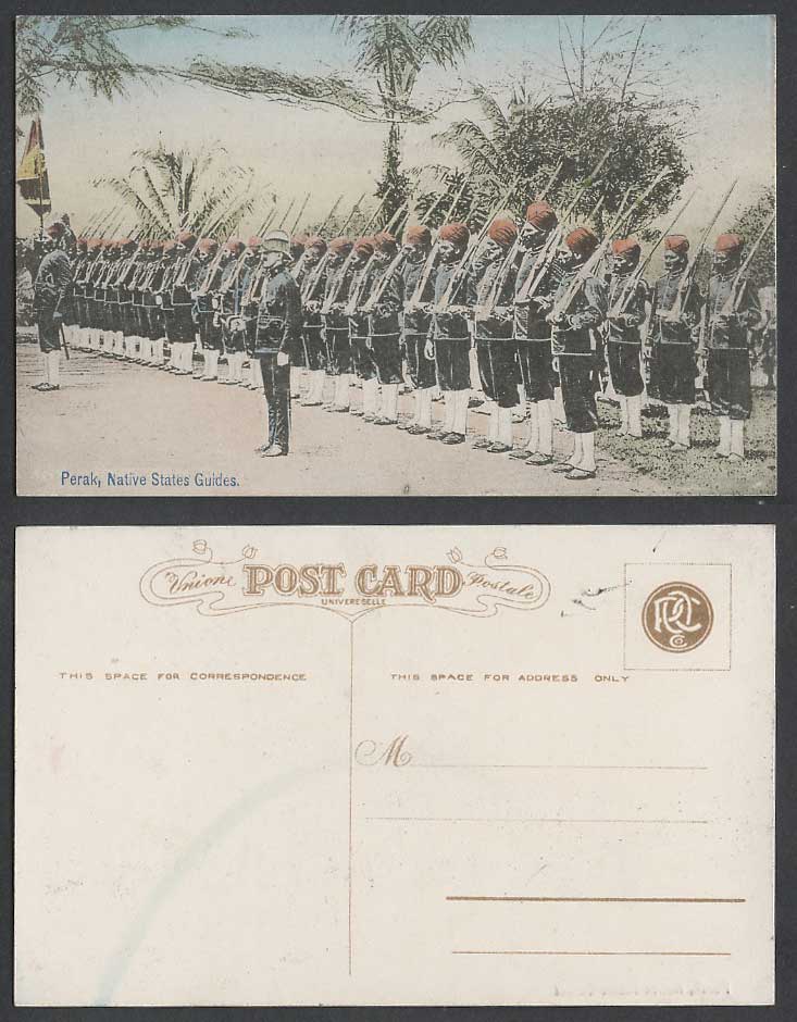 Perak Old Hand Tinted Postcard Native States Guides, State Guards, Soldiers Guns