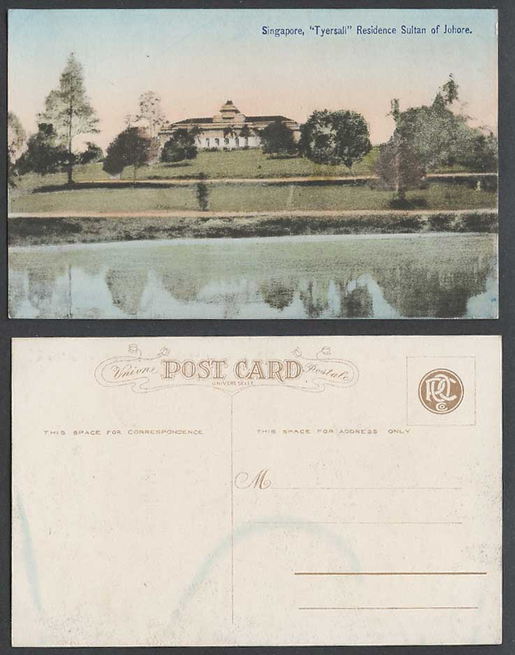 Singapore, TYERSALL, Residence Sultan of Johore, Old Hand Tinted Colour Postcard