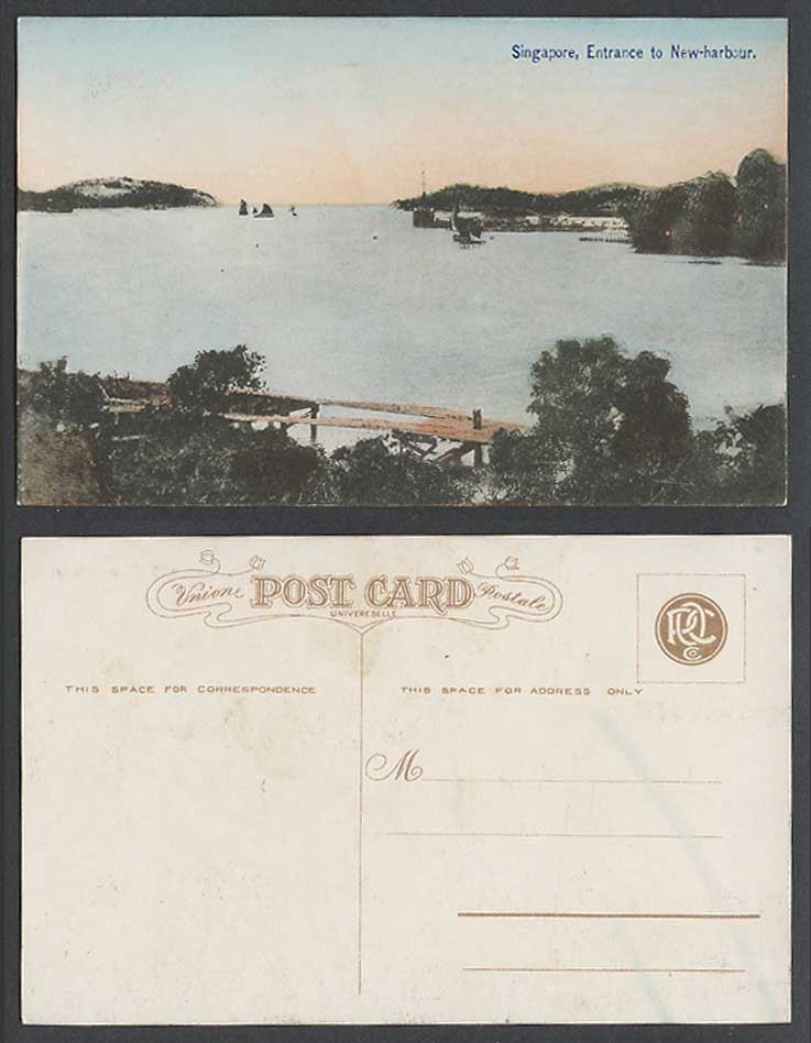 Singapore Old Hand Tinted Postcard Entrance to New Harbour, Boats Ships Panorama
