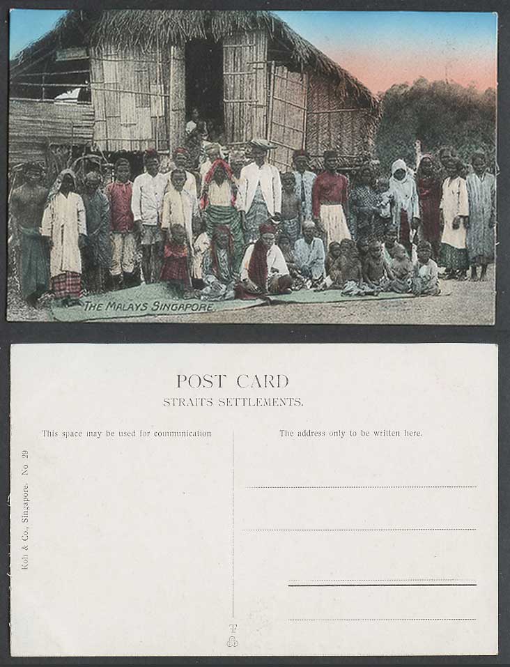Singapore The Malays Old Hand Tinted Postcard Native Malay Men, Women & Children