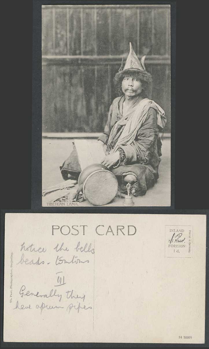 TIBET China Old Postcard Native TIBETAN LAMA, Bells Beads Tomtoms Drums Costumes