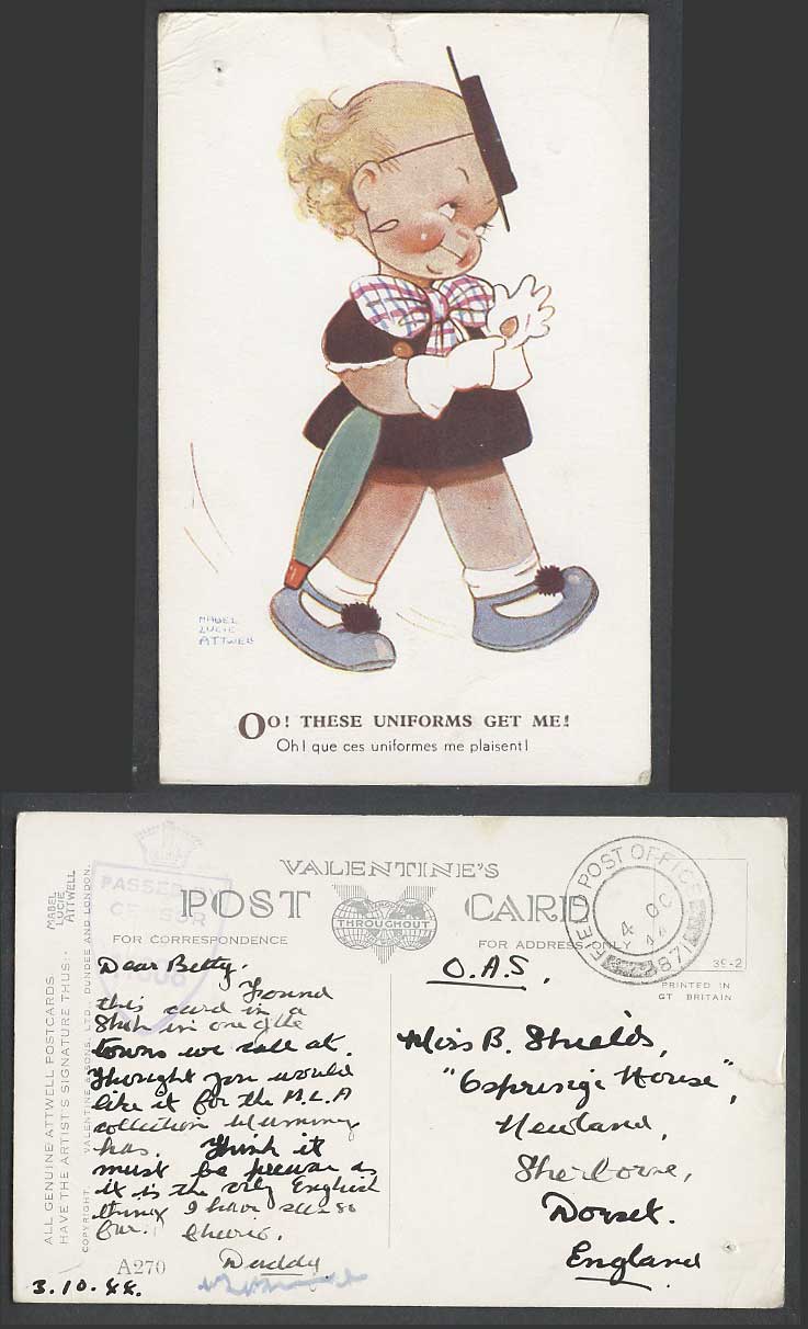 MABEL LUCIE ATTWELL 1944 WW2 Censored Old Postcard Oo These Uniforms Get Me A270