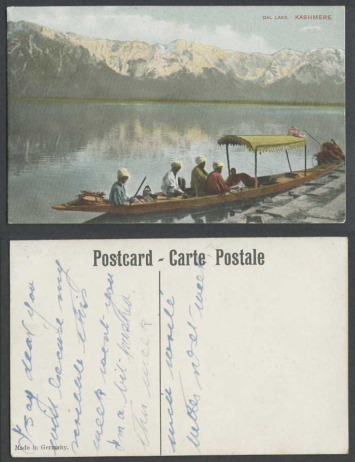 India Old Colour Postcard DAL LAKE Kashmere, Group of Native Men, Boat Mountains