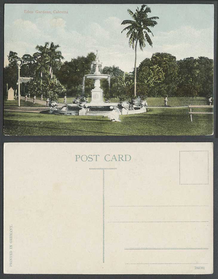 India Old Colour Postcard Eden Gardens, Calcutta Fountain Palm Trees Pots 184081