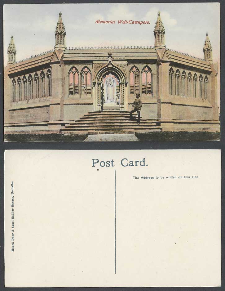 India Old Colour Postcard Cawnpore Memorial Well Angel Statue Man Stand on Steps
