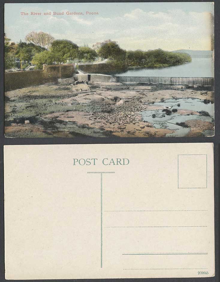 India Old Colour Postcard River Scene & Bund Gardens Poona Pune, Waterfall Steps
