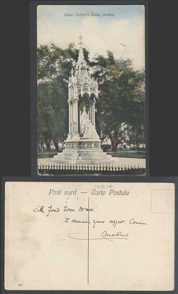 India Old Hand Tinted Color Postcard Bombay Queen Victoria's Statue Memorial 230