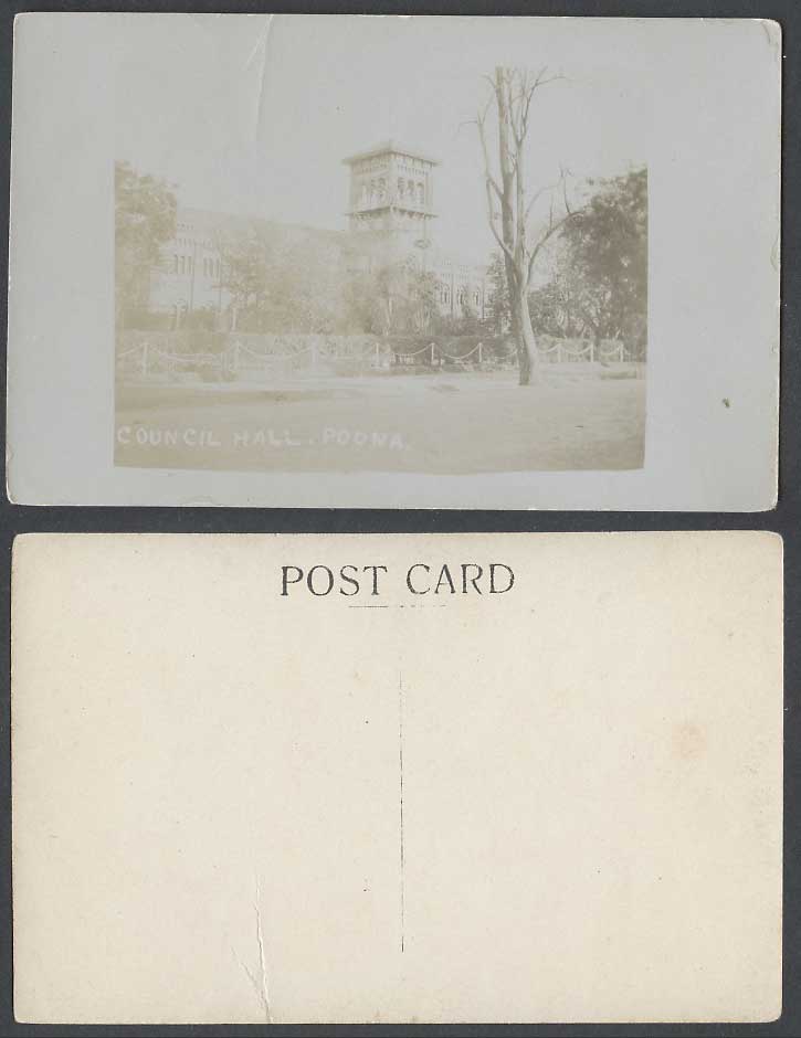 India Old Real Photo Postcard COUNCIL HALL POONA Boona Pune Tower, RP Photograph