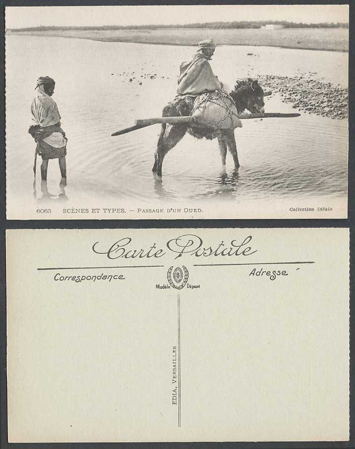 N Africa Old Postcard Passage d'un Oued Native Donkey Rider Crossing River Scene
