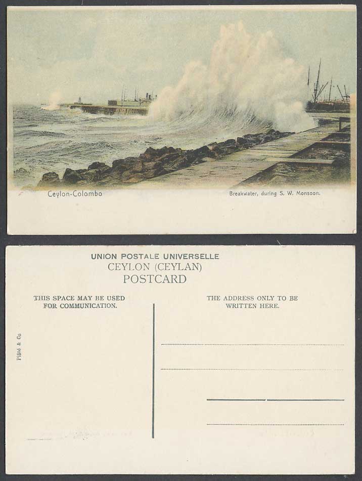 Ceylon Old Colour Postcard Colombo, Breakwater during South West S. W. Monsoon