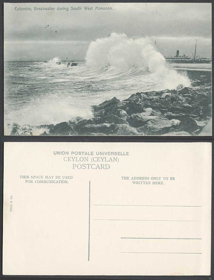 Ceylon Old Postcard Colombo Breakwater during South West Monsoon Steam Ship Pier