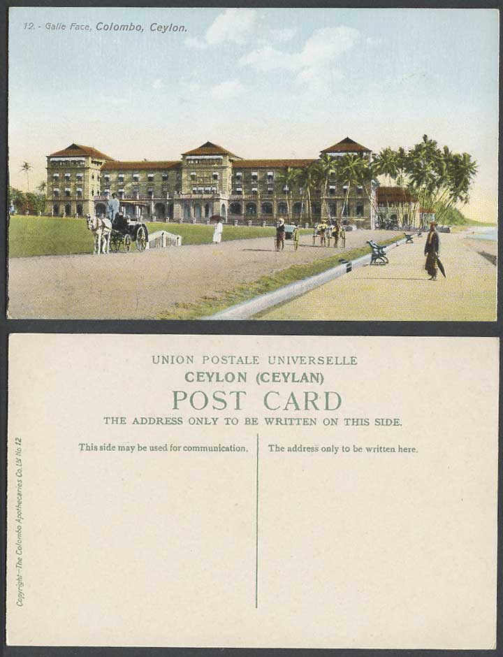 Ceylon Old Colour Postcard Galle Face Hotel Colombo, Rickshaw Coolies Palm Trees