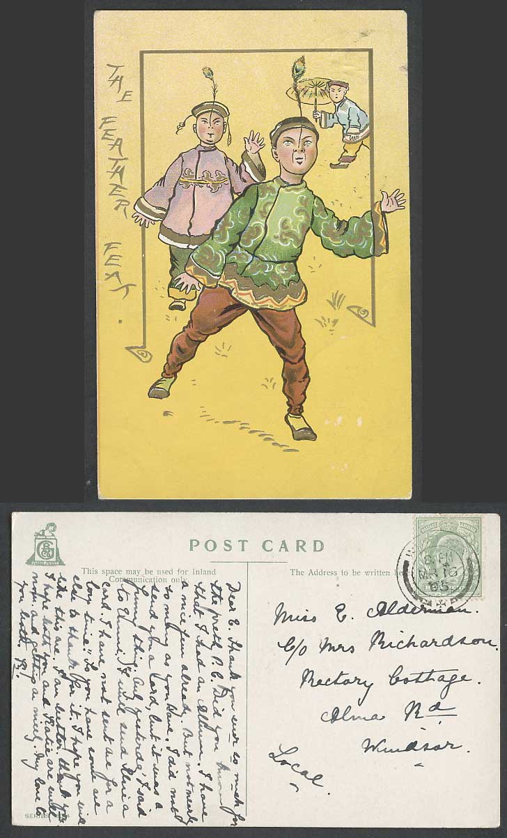 China Comic 1905 Old Postcard The Feather Feat, Circus Jugglers Peacock Feathers