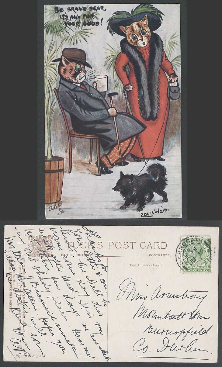 LOUIS WAIN Artist Signed Cats Dog, Be Brave For Ur Good 1914 Old Tuck's Postcard