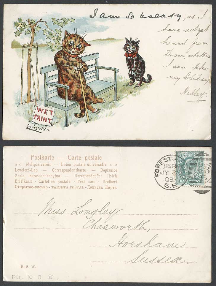 LOUIS WAIN Artist Signed Cats, Wet Paint I am So Uneasy Write Away 1903 Postcard