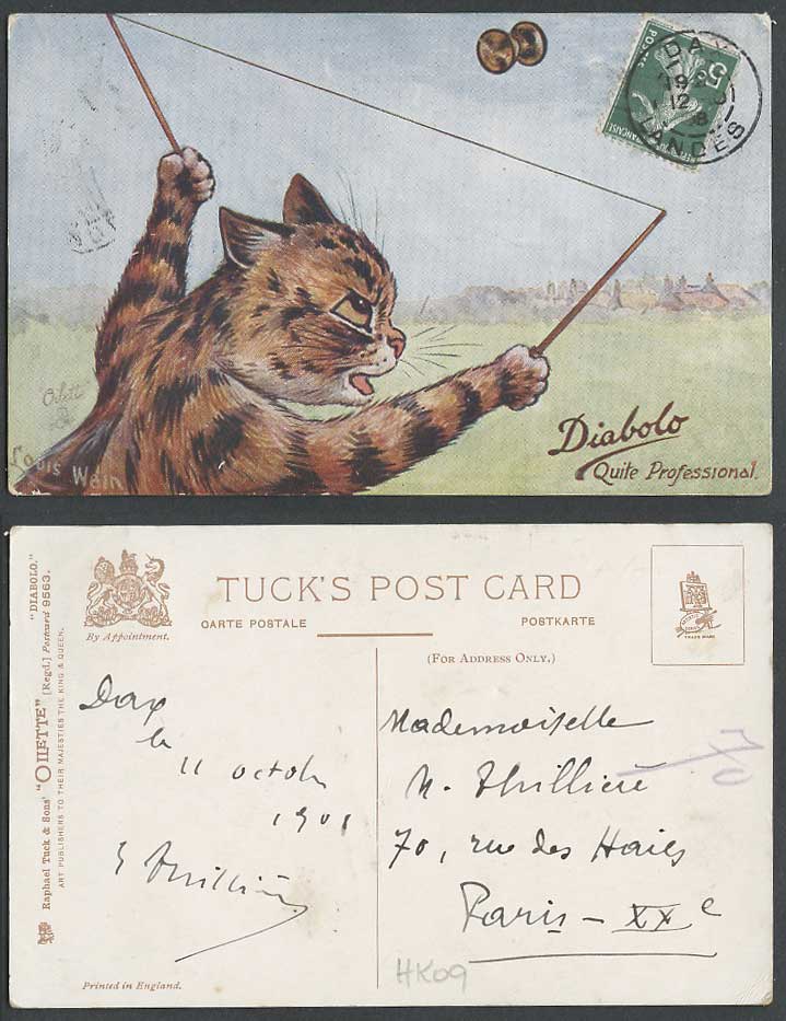 Louis Wain Artist Signed Cat Kitten Diabolo Quite Professional 1908 Old Postcard