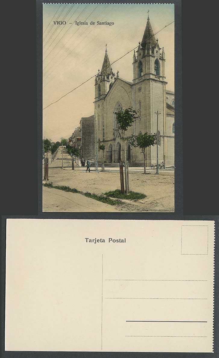 Spain Old Colour Postcard VIGO Iglesia de Santiago Church Cross and Street Scene