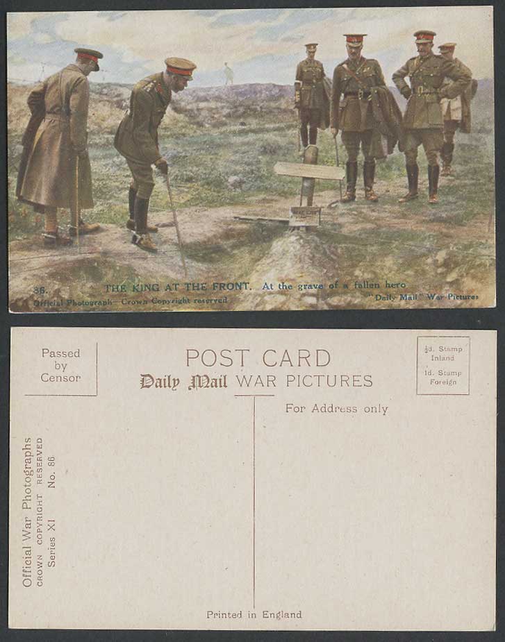 WW1 Daily Mail Old Postcard KING GEORGE V. 5th at THE FRONT Grave of Fallen Hero