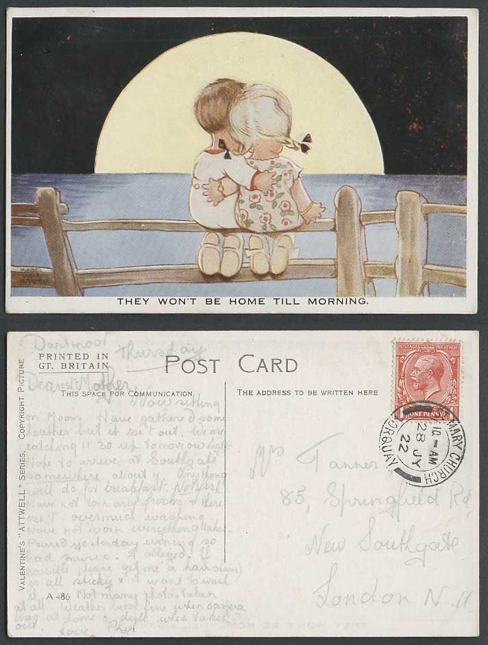 MABEL LUCIE ATTWELL 1922 Old Postcard Moon, They Won't Be Home Till Morning A486