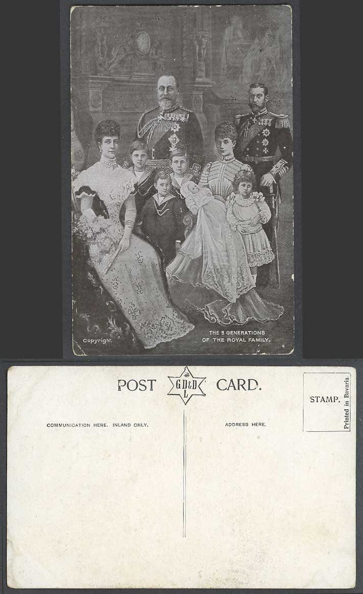 British Royalty 3 Generations of The Royal Family Old Postcard King Queen Prince