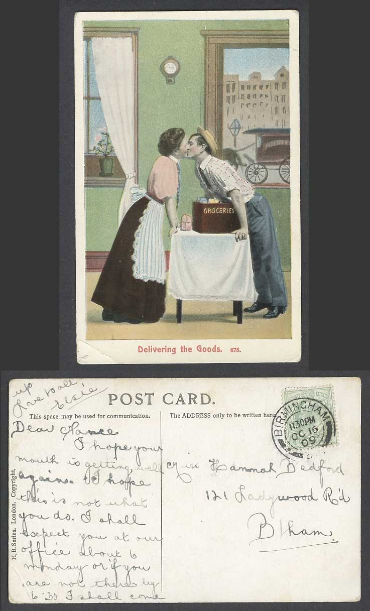 Delivering The Goods, Groceries Man Woman Kissing Kiss Romance 1909 Old Postcard
