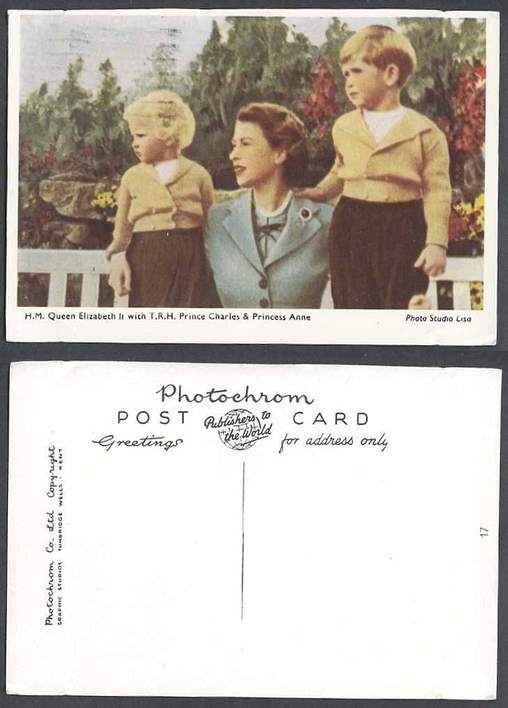 H.M. Queen Elizabeth II T.R.H. Prince Charles, Princess Anne Old Colour Postcard