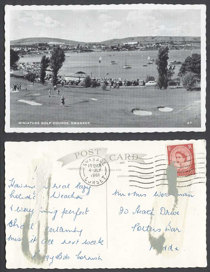 Swanage Dorset 1961 Old Postcard Miniature Golf Course Golfing Harbour Boats Boy