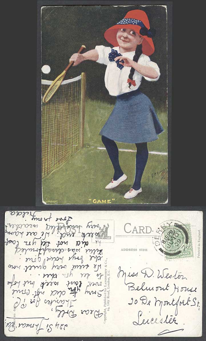 E.P. Kinsella Artist Signed Little Girl Tennis Player GAME KE7 1909 Old Postcard