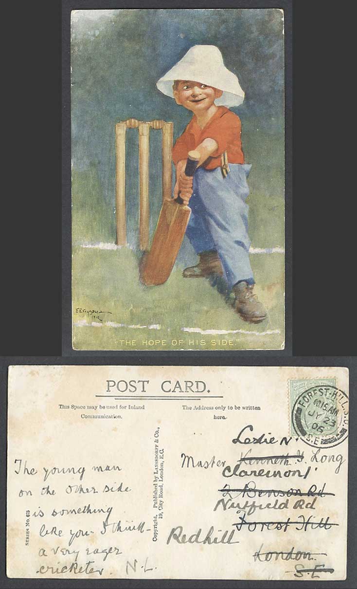 E.P. Kinsella Artist Signed, CRICKET Boy, The Hope of His Side 1906 Old Postcard