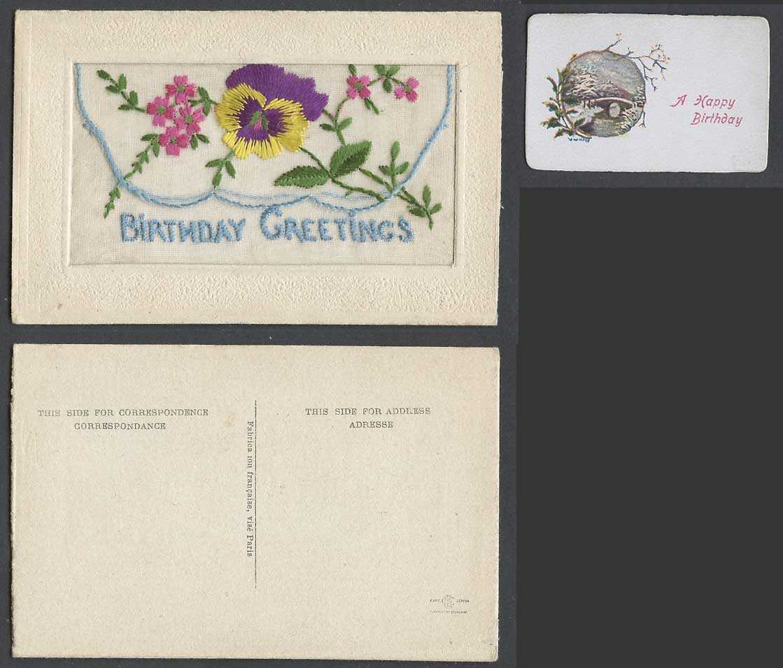WW1 SILK Embroidered Old Postcard Birthday Greetings Bridge Pansy Flowers Wallet