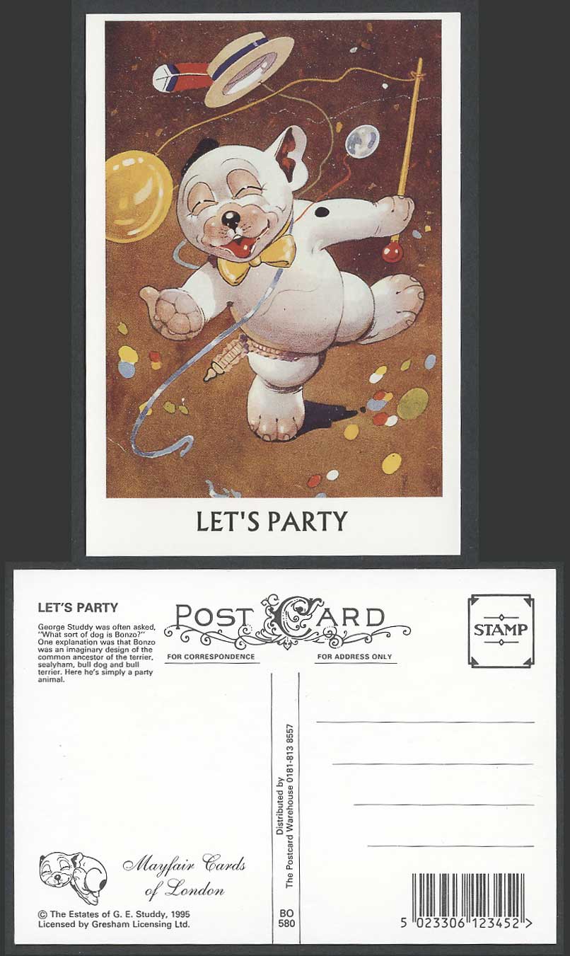 BONZO DOG George Ernest GE Studdy Postcard Lets Party Bull Dog Terrier Hat BO580