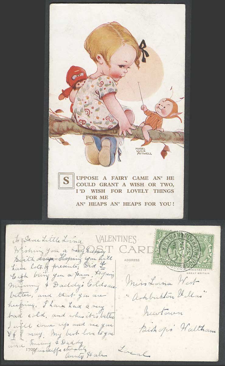 MABEL LUCIE ATTWELL 1932 Old Postcard Fairy Grant Wish Lovely Things You Me 1700