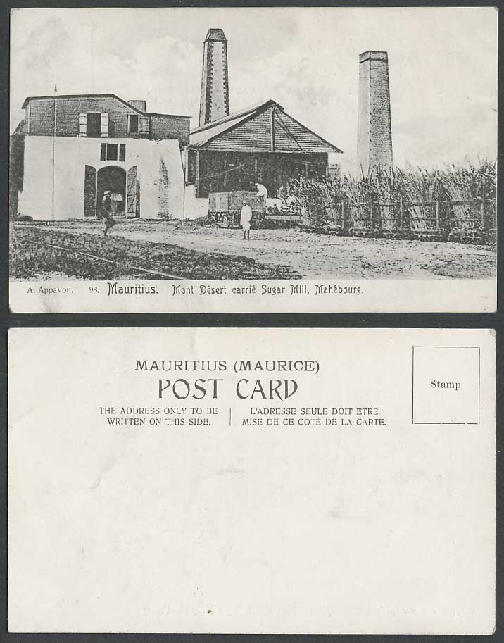 Mauritius Old Postcard Mahebourg Mont Desert carrie Sugar Mill, Chimneys Workers