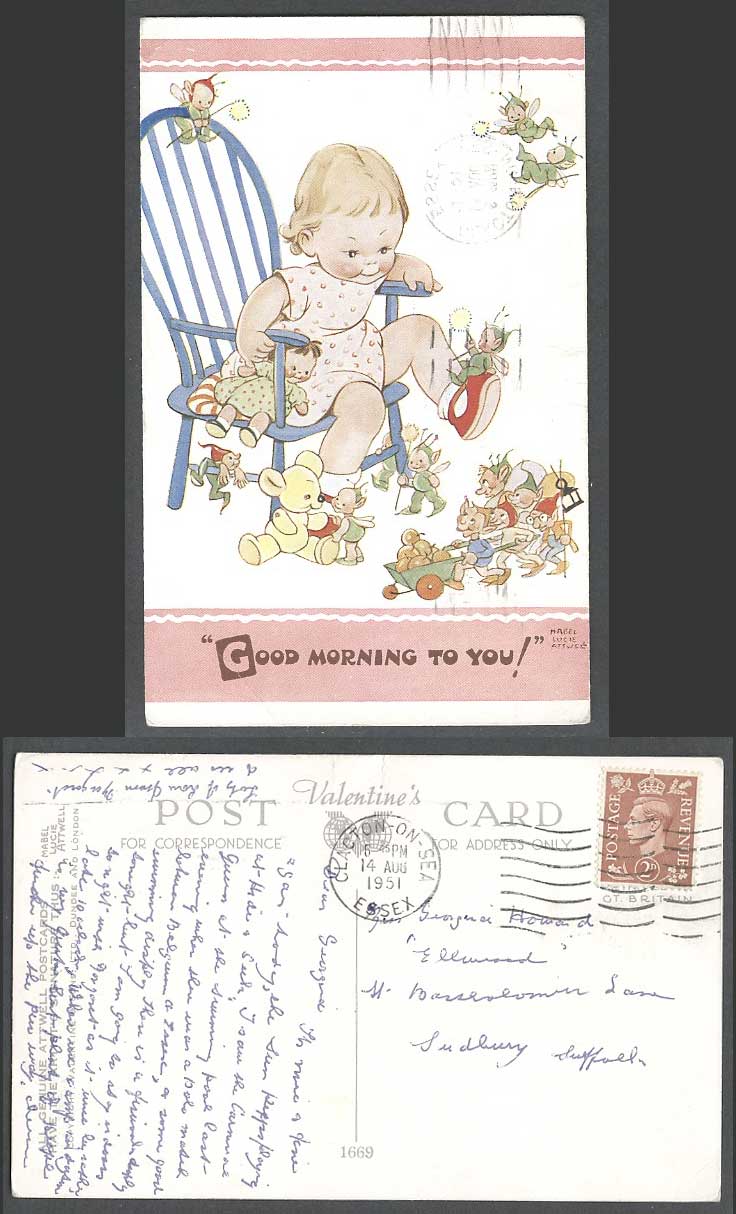 MABEL LUCIE ATTWELL 1951 Old Postcard Teddy Bear Fairies Elves Good Morning 1669