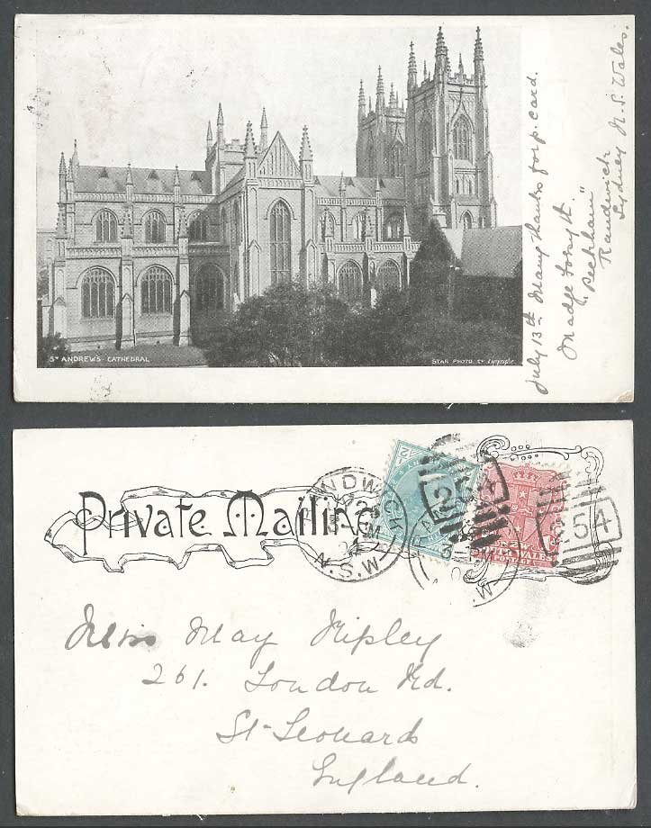Australia QV 1/2d 1d Arms 1904 Old UB Postcard St. Andrew's Cathedral Sydney NSW