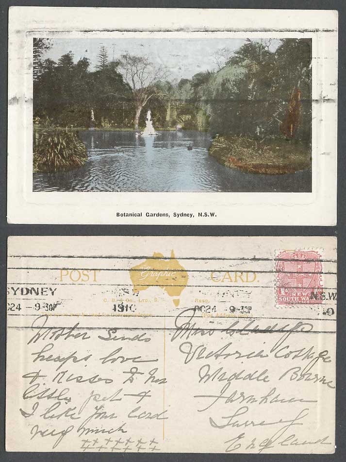 Australia 1d 1910 Old Colour Postcard Lake Botanical Gardens Statue Sydney N.S.W