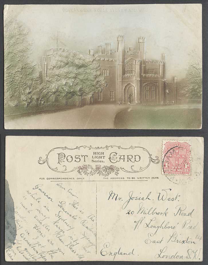 Australia NSW 1d. William St. 1915 Old Embossed Postcard Sydney Government House
