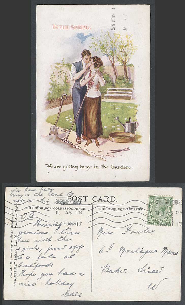 In The Spring We are busy in Garden, Romance Man Woman Kissing 1917 Old Postcard