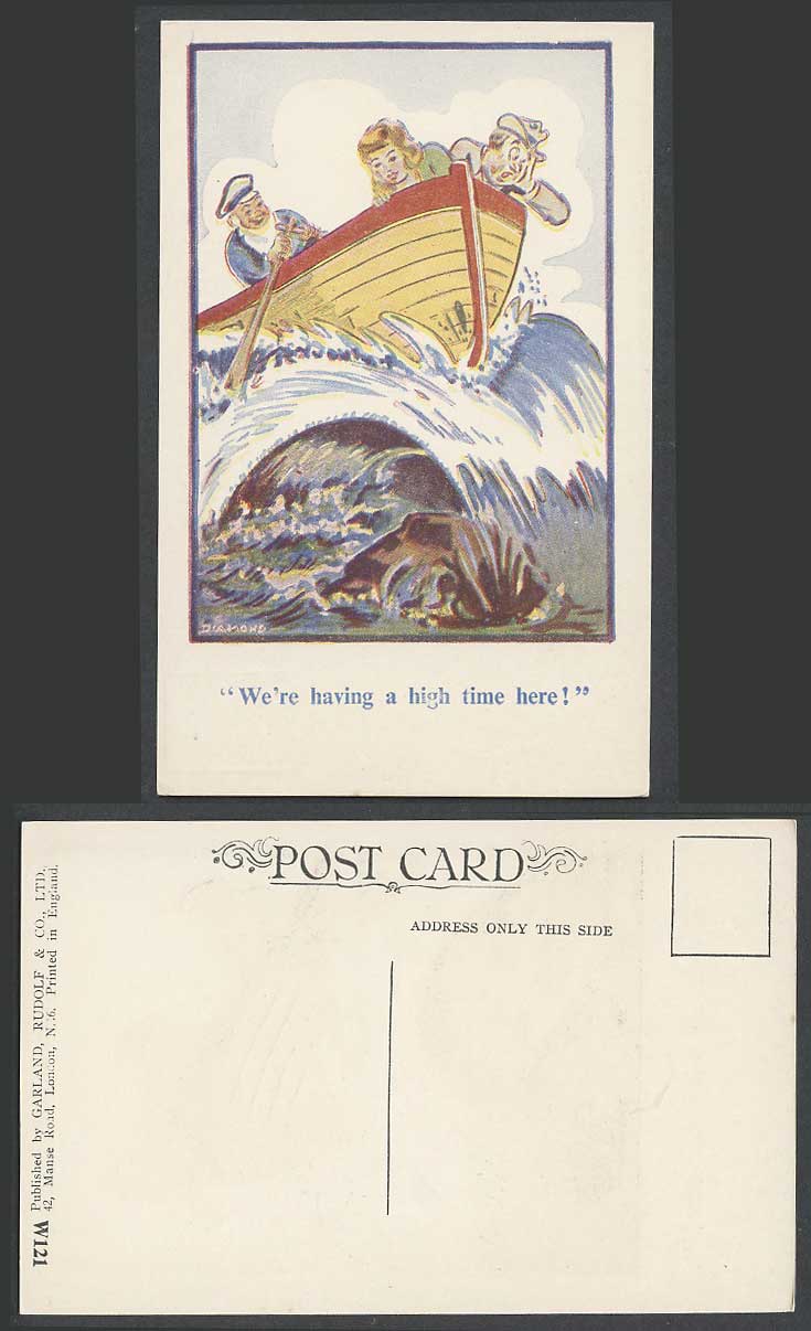 Diamond Artist Signed Old Postcard We're Having a High Time Here! Boat Rough Sea