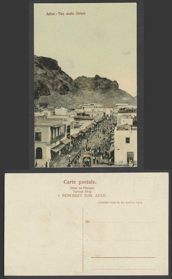 Aden Old Colour Postcard Main Street, Native Street Scene, Carts Mountains Yemen