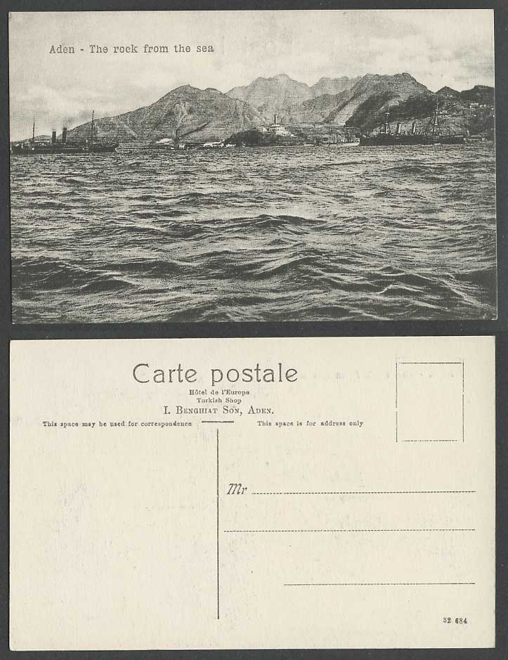 Aden Old Postcard The Rock from the Sea, Lighthouse, Steamer Steam Ships Harbour
