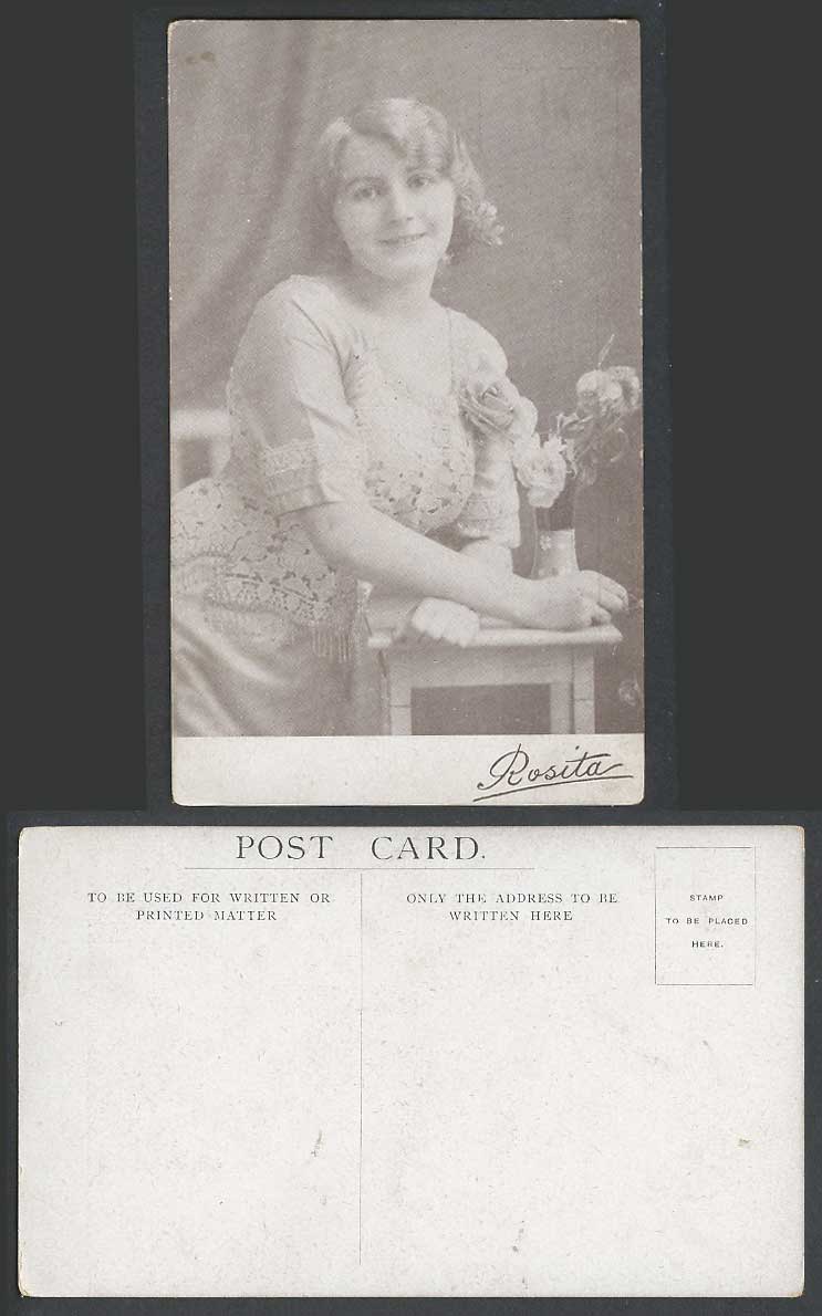 Actress Miss Rosita Glamour Woman Girl Lady, Smile, Flowers in Vase Old Postcard